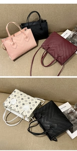 Detail of elegant V-quilted faux leather handbags in multiple colors with top handle