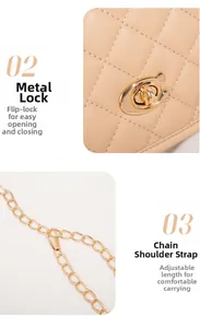 Detail of gold C-shaped metal twist lock and chain strap on beige quilted bag