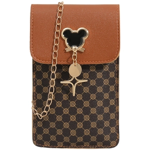 Retro monogram crossbody phone bag with a cartoon mouse charm and metal chain strap