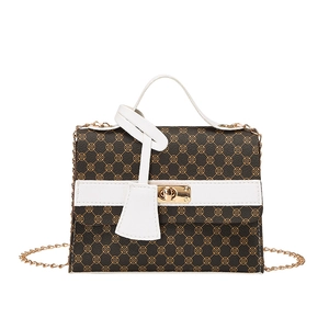 Classic dark brown printed square handbag with gold chain strap and turn-lock closure
