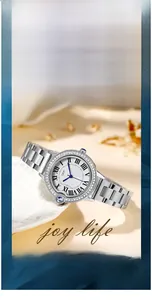 Detail of luxury women's silver watch with double-layered diamond bezel and Roman numerals