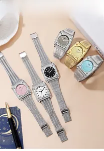Detailed view of square quartz watches with fine metal mesh straps in multiple colors