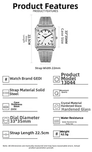 Detailed dimensions and specifications chart for the square dial quartz steel watch