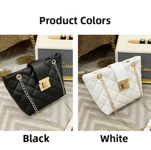 Close-up comparison of black and white quilted chain bucket bags with gold twist locks