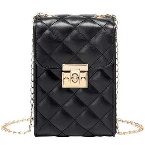 Quilted black crossbody bag with gold chain strap and metallic rectangular lock buckle