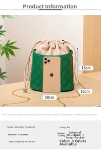 Close-up of green quilted bucket bag with dimensions 18x12x15cm and gold chain strap