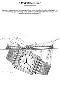 Detailed view of silver square quartz watch splashing in water to show 3ATM waterproof feature