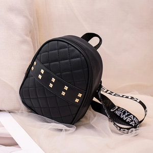 Fashion black quilted mini backpack with golden rivets and stylish letter print straps