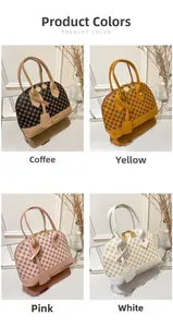 Retro shell handbags in coffee, yellow, pink, and white with geometric patterns
