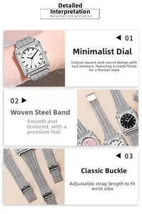Detail of GEDI women's square quartz watch featuring a Milanese mesh steel strap and buckle