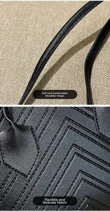 Detail of soft leather shoulder strap and black geometric stitched fabric on handbag