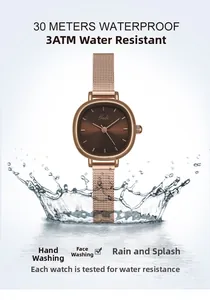 Rose gold women quartz watch with 3ATM water resistance shown in a splashing water scene