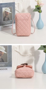 Detailed view showing the pink quilted texture and bottom base of a mini crossbody bag