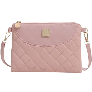 Pink quilted leather crossbody bag with square gold metal plate and zipper detail