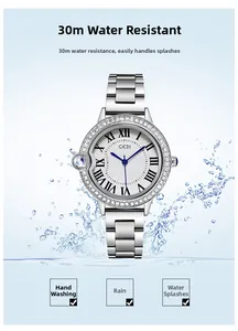 Close-up of luxury water resistant women watch with silver steel band and water splashes