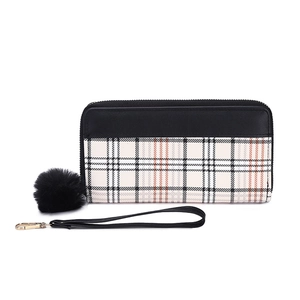 Women's long zipper wallet with white plaid pattern, leather trim and plush pom pom charm