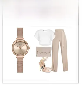 Minimalist rose gold quartz watch with mesh strap shown in a fashion outfit styling guide