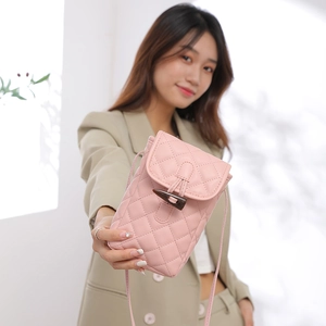 Pink quilted crossbody phone bag for women with vintage style toggle closure