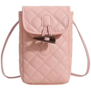 Pink quilted crossbody phone bag with vintage horn buckle and slender leather shoulder strap