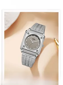 Detail of square GEDI women's watch with brown dial and silver Milanese mesh strap