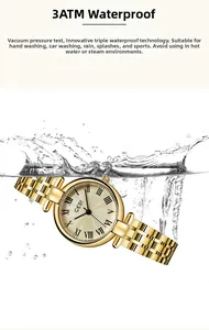Detailed view of GEDI gold steel watch with Roman numerals and 3ATM water splash effect