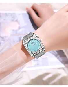 Close-up of GEDI square women's watch featuring a Tiffany blue dial and silver mesh strap