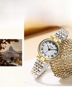 Detailed macro view of retro white wavy dial with Roman numerals and two-tone steel strap