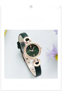 Montre à bracelet en cuir vert foncé avec boîtier or rose et cadran dégradé