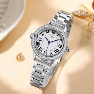 Elegant Women Quartz Watch Silver Alloy Stainless Steel Band Rhinestone Bezel Waterproof Roman Numerals Blue Hands