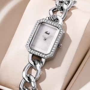 Montre Quartz Femme Rectangulaire Alliage Argent Strass Bracelet Maillons Mode Elégante Etanche Montre-Bracelet