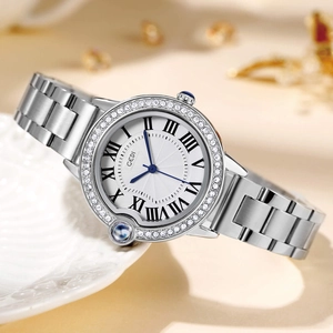 Luxury silver women's quartz watch with sparkling crystal bezel and blue sapphire crown