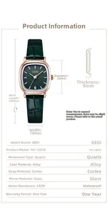 Detailed dimensions of the vintage square quartz watch with 23mm case and green leather strap