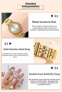 Detail of sunray dial, solid stainless steel band and butterfly clasp on women's watch