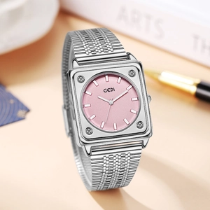 Elegant square women's quartz watch with pink dial and silver mesh steel strap