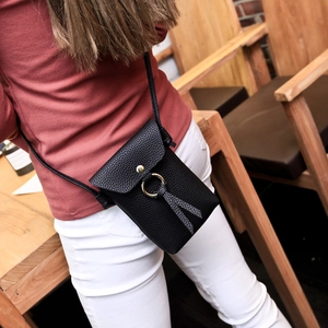 Minimalist black pebble leather mobile phone crossbody bag with gold ring buckle