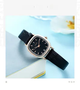 Detail of square lady watch with black crocodile leather strap and date window