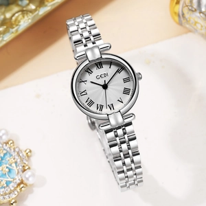 Elegant Women Quartz Watch Stainless Steel Band Alloy Case Roman Numeral Dial Waterproof Vintage Medieval Wristwatch