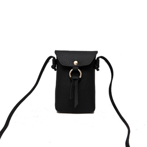 Minimalist black lychee texture crossbody phone bag with gold ring tassel and flap