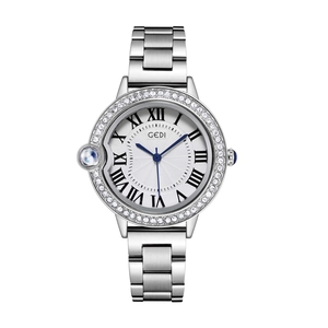 Luxury women's quartz watch in silver stainless steel with a Roman numeral white dial