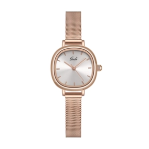 Elegant rose gold women's quartz watch with Milanese mesh strap and rectangular dial