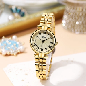 Elegant gold stainless steel watch with Roman numerals and champagne sunray dial