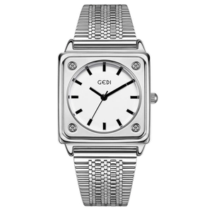Minimalist silver square stainless steel watch with white dial and metal mesh strap