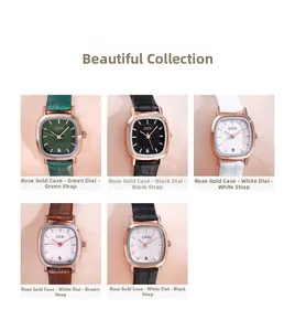 Collection of five elegant women's square watches with rose gold cases and leather straps