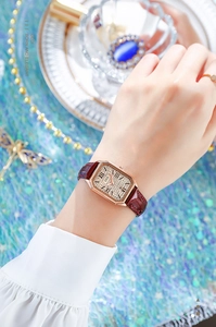 Detailed view of women's rectangular crystal watch with rose gold case and burgundy strap