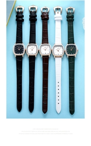 Square ladies quartz watches with leather straps in black, brown, green and white colors