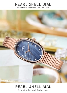 Détail du cadran ovale en nacre bleue avec bracelet en alliage or rose pour femme