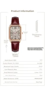 Detailed technical diagram of luxury quartz watch with dimensions and material specs
