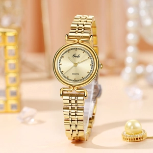 Elegant gold quartz watch for women with round dial and classic metal link bracelet