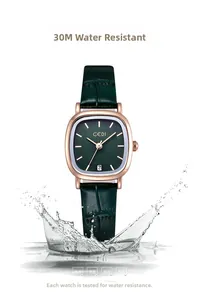 Detail of square quartz watch for women showing 3ATM water resistance with water splashes