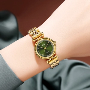 Elegant gold steel women watch with deep green sunray dial and sleek metal strap